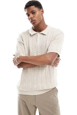 New Look Short sleeve textured knit stripe polo in off