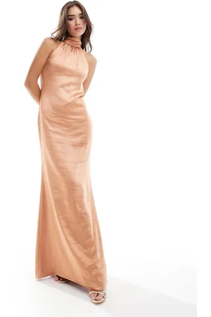 Pretty Lavish Bridesmaid Odelle high neck satin maxi dress in cinnamon