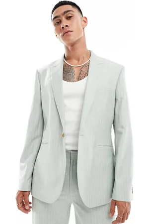 ASOS Slim linen mix suit jacket in sage pinstripe