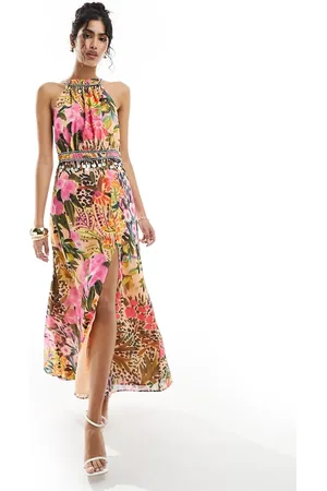 HOPE & IVY High neck maxi dress with thigh split in khaki floral