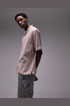 Topman Short sleeve relaxed revere textured stripe shirt in