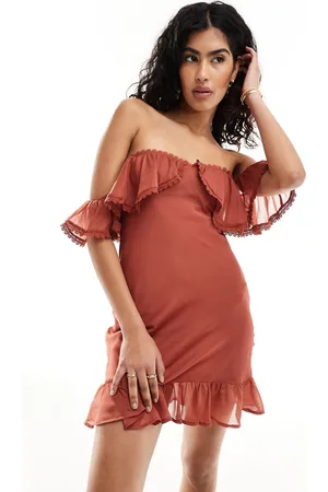 ASOS Bardot frill mini dress with lace insert in rust