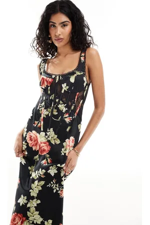 ASOS Satin lace mix boned corset midi dress in black floral print