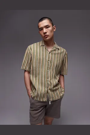 Topman Short sleeve relaxed striped shirt in green and yellow