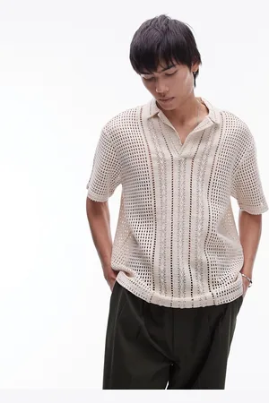 Topman Short sleeve relaxed crochet polo shirt in cream