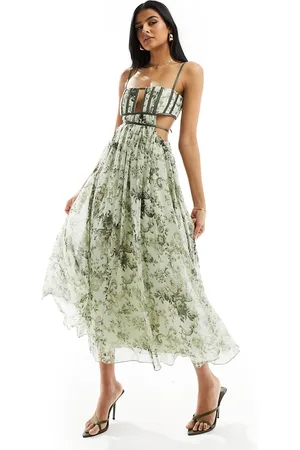 ASOS Corset detail cut out strappy midi skater dress in green vintage floral print