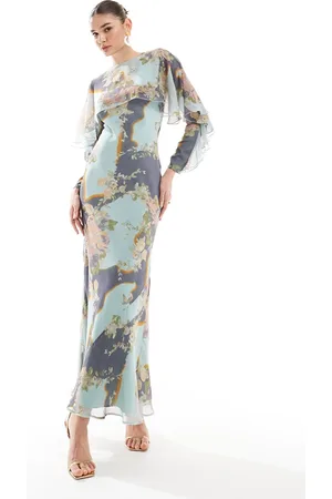 ASOS Long sleeve ruffle bias maxi dress with cape detail in floral print