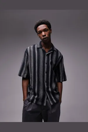 Topman Short sleeve relaxed revere textured striped shirt in