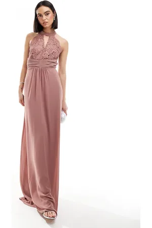 TFNC Bridesmaids halterneck maxi dress with lace detail in mauve