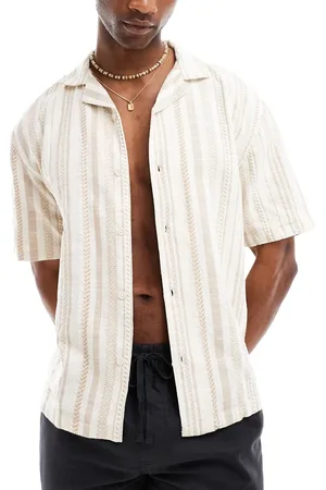 Pull&Bear Revere neck stripe shirt in ecru