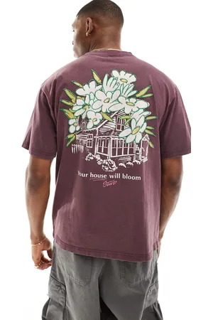 Pull&Bear Floral backprinted t-shirt in burgundy
