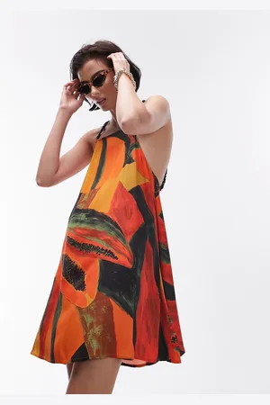 Topshop Beaded strap printed flippy mini dress in papaya print