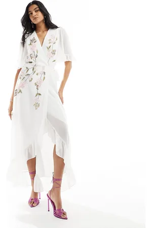 HOPE & IVY Ruffle hem embroidered wrap maxi dress in