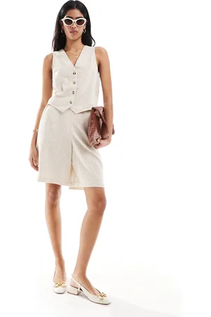 ASOS Longline short with linen in natural check co-ord
