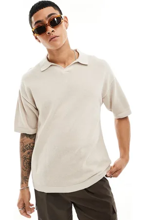 JACK & JONES Oversized linen mix revere collar knitted polo in beige