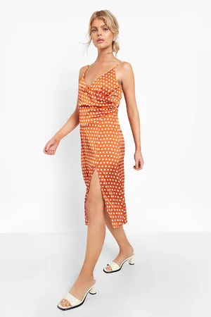 Boohoo Boutique Satin Polka Dot Wrap Slip Dress