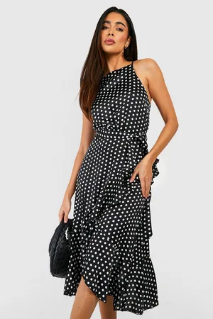 Boohoo Satin Polka Dot Frill Detail Midi Dress