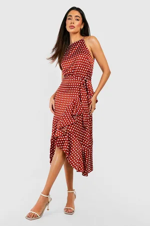 Boohoo Satin Polka Dot Frill Detail Midi Dress