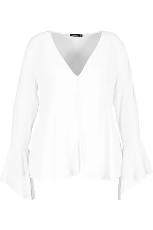 Boohoo Plus Button Detail Plunge Flare Sleeve Blouse
