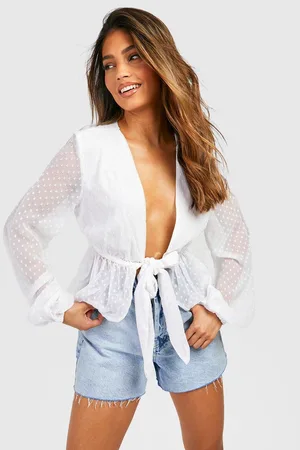 Boohoo Dobby Chiffon Tie Front Blouse