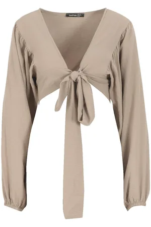 Boohoo Woven Tie Front Oversized Sleeve Crop Top