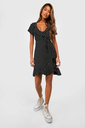 Boohoo Polka Dot Wrap Front Ruffle Tea Dress