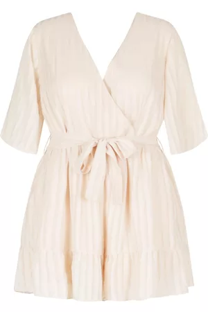 Boohoo Plus Satin Stripe Ruffle Playsuit