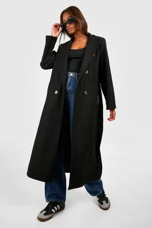 Boohoo Longline Double Breasted Belted Wool Look Coat