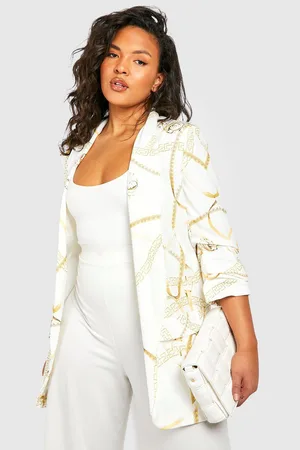 Boohoo Plus Chain Print Ruched Sleeve Blazer