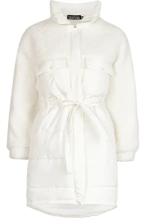 Boohoo Teddy Faux Fur Mix Longline Belted Puffer Jacket
