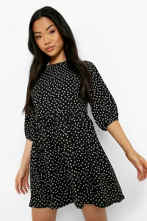 Boohoo Petite Polka Dot Woven Smock Dress