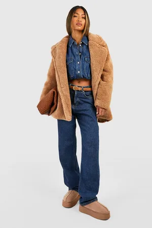 Boohoo Double Breasted Faux Teddy Fur Coat
