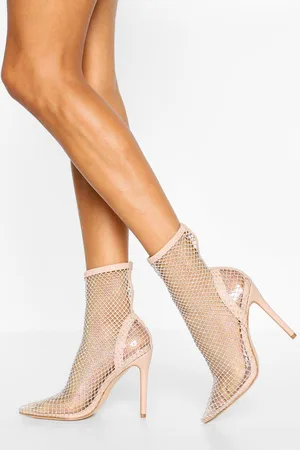 Boohoo Diamante Mesh Pointed Toe Sock Boots
