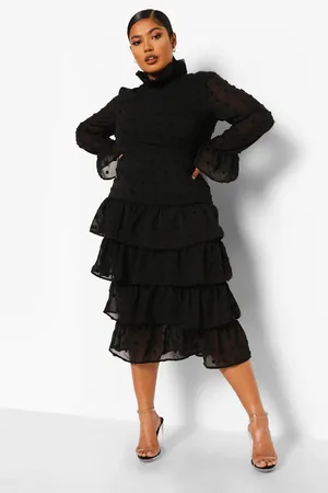 Boohoo Plus Polka Dot Ruffle Tiered Midi Dress