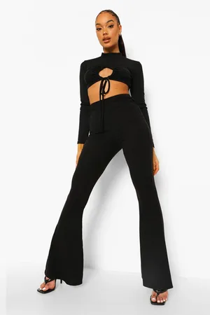 Boohoo High Waisted Soft Rib Skinny Flared Trousers