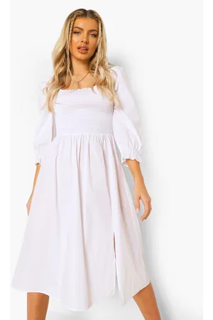 Boohoo Cotton Shirred Puff Sleeve Midi Dress