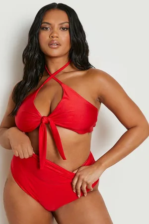 Boohoo Plus Tie Front High Waisted Bikini Set