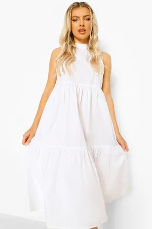 Boohoo Cotton High Neck Tiered Midi Dress