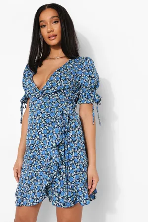 Boohoo Floral Print Tie Sleeve Tea Dress