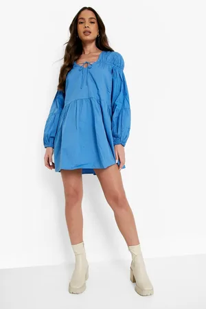 Boohoo Tie Front 3/4 Frill Sleeve Smock Mini Dress