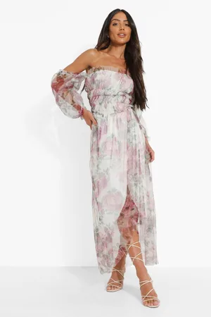 Boohoo Floral Mesh Ruched Maxi Dress