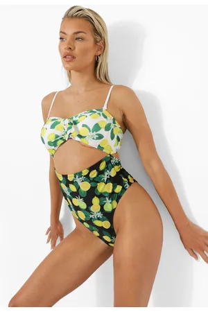 Boohoo Lemon Bandeau Tie Front Cut Out Swimsuit