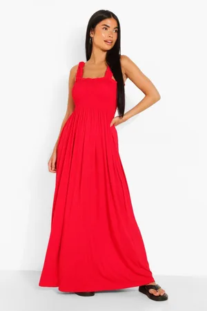 Boohoo Petite Shirred Ruffle Strap Maxi Dress
