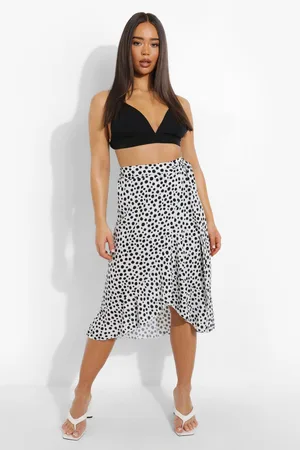Boohoo Spot Print Wrap Ruffle Midi Skirt