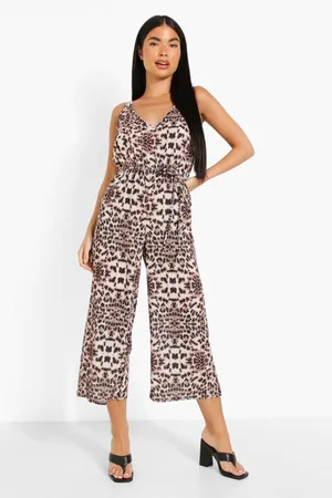 Boohoo Petite Leopard Print Belted Jumpsuit