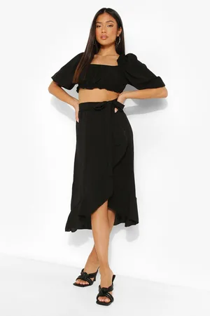 Boohoo Petite Wrap Ruffle Midi Skirt
