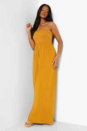 Boohoo Petite Bardot Shirred Ruffle Maxi Dress