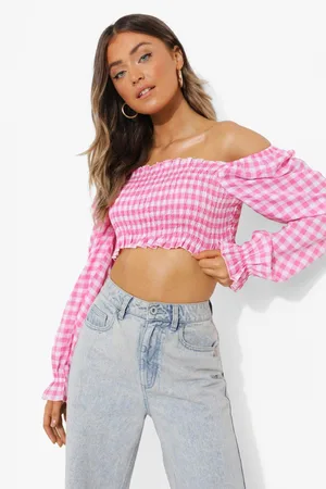 Boohoo Gingham Off Shoulder Shirred Crop Top