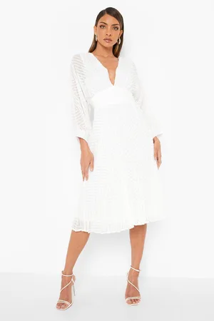 Boohoo Dobby Mesh Pleated Balloon Sleeve Midi Dress