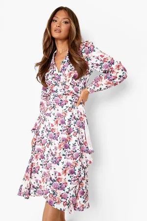 Boohoo Floral Wrap Detail Midi Skater Dress